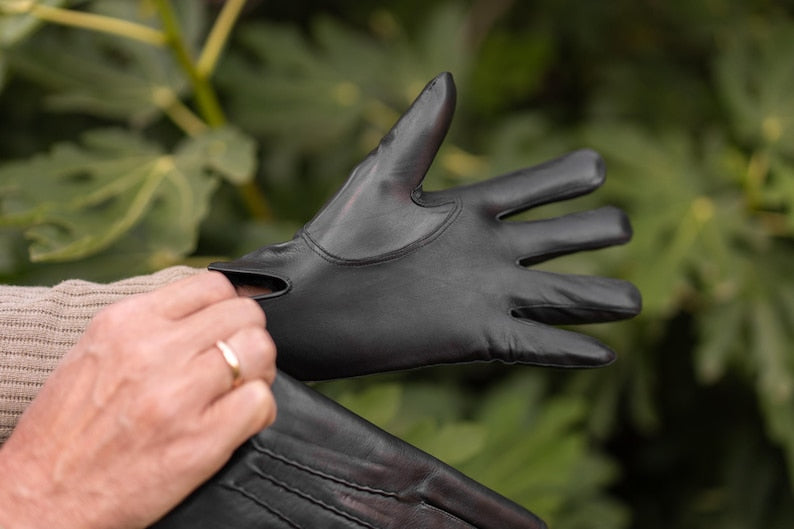 Black Rabbit Furr Lined Genuine Leather Gloves for Men