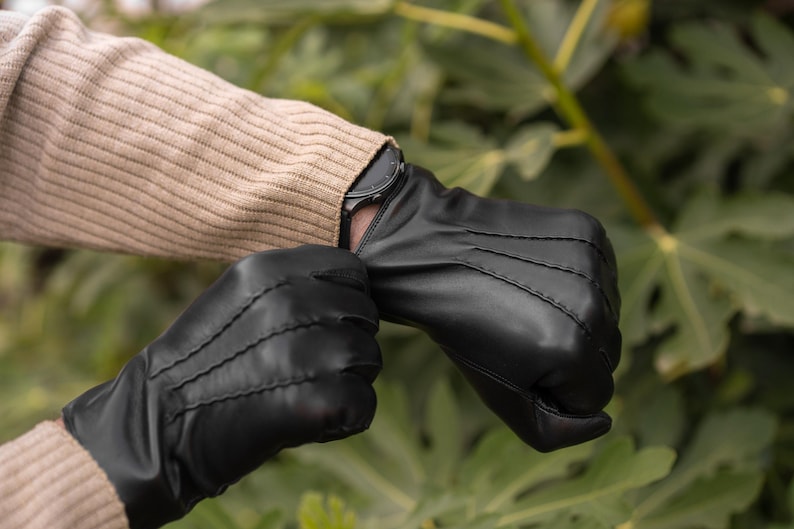 Black Rabbit Furr Lined Genuine Leather Gloves for Men