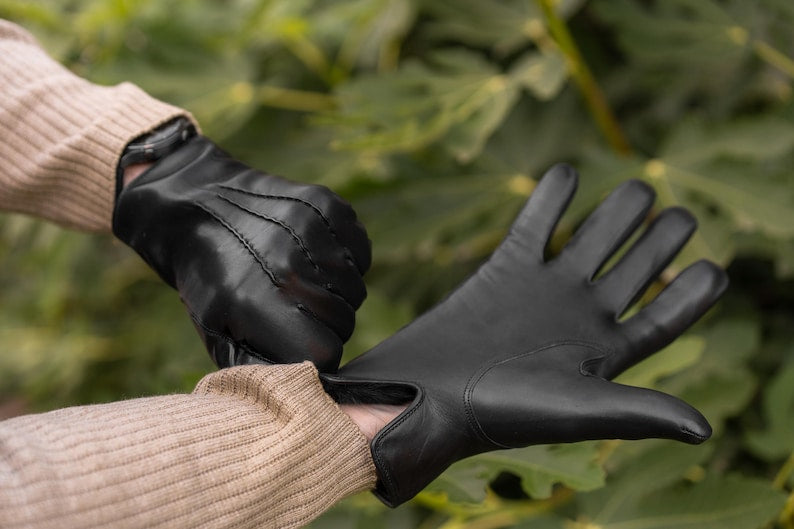 Black Rabbit Furr Lined Genuine Leather Gloves for Men