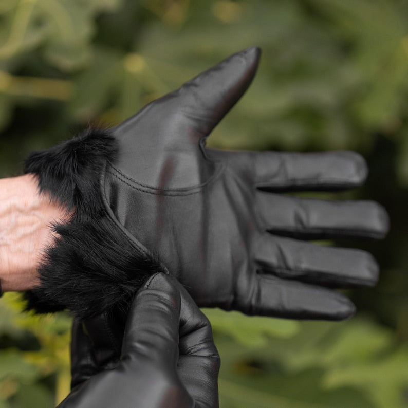 Black Rabbit Furr Lined Genuine Leather Gloves for Men