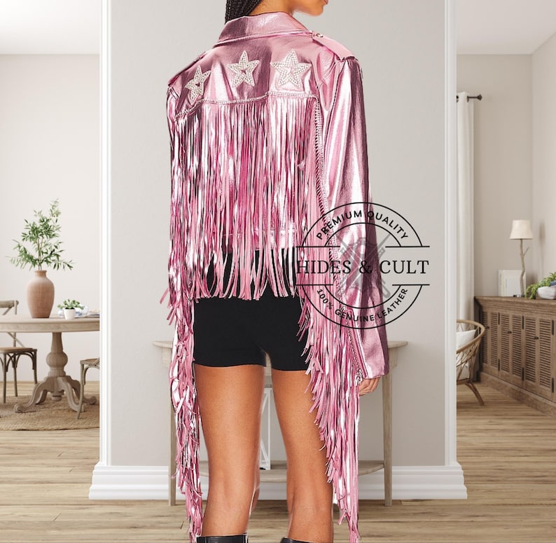 Womens Pink Metallic Foil Effect Crystal Star Patch Long Fringed Motorcycle Biker Genuine Leather Jacket