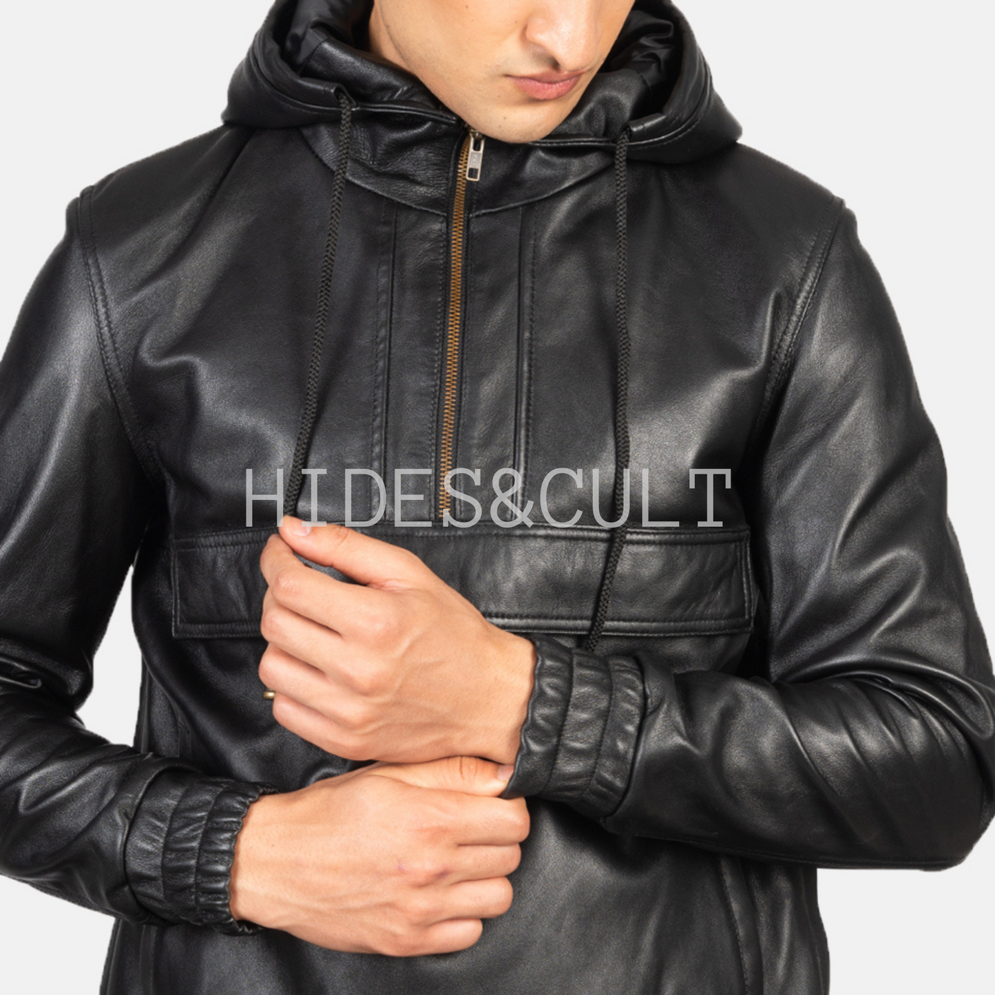 mens-black-genuine-lambskin-leather-hooded-pullover-jacket-front