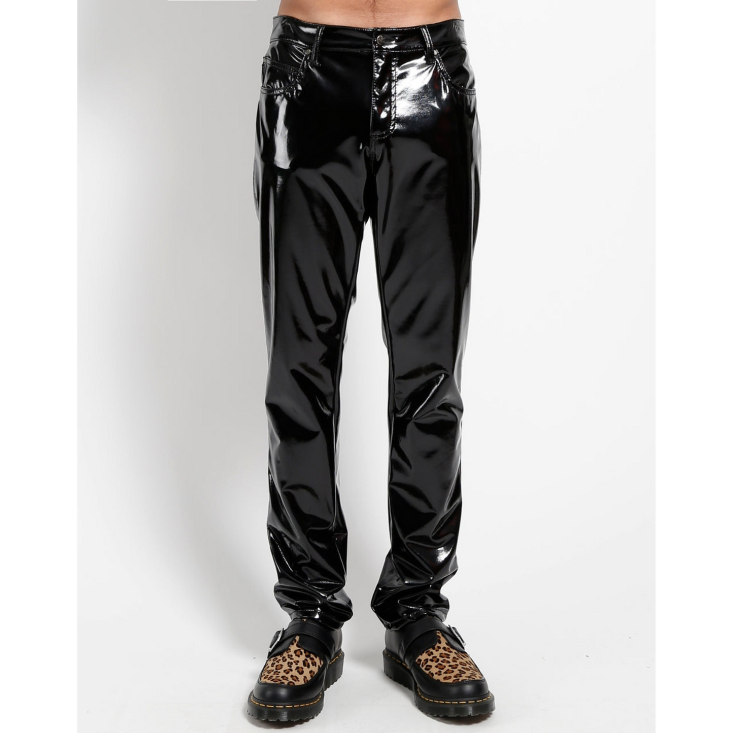 Mens Black Patent Genuine Leather Pant Trouser