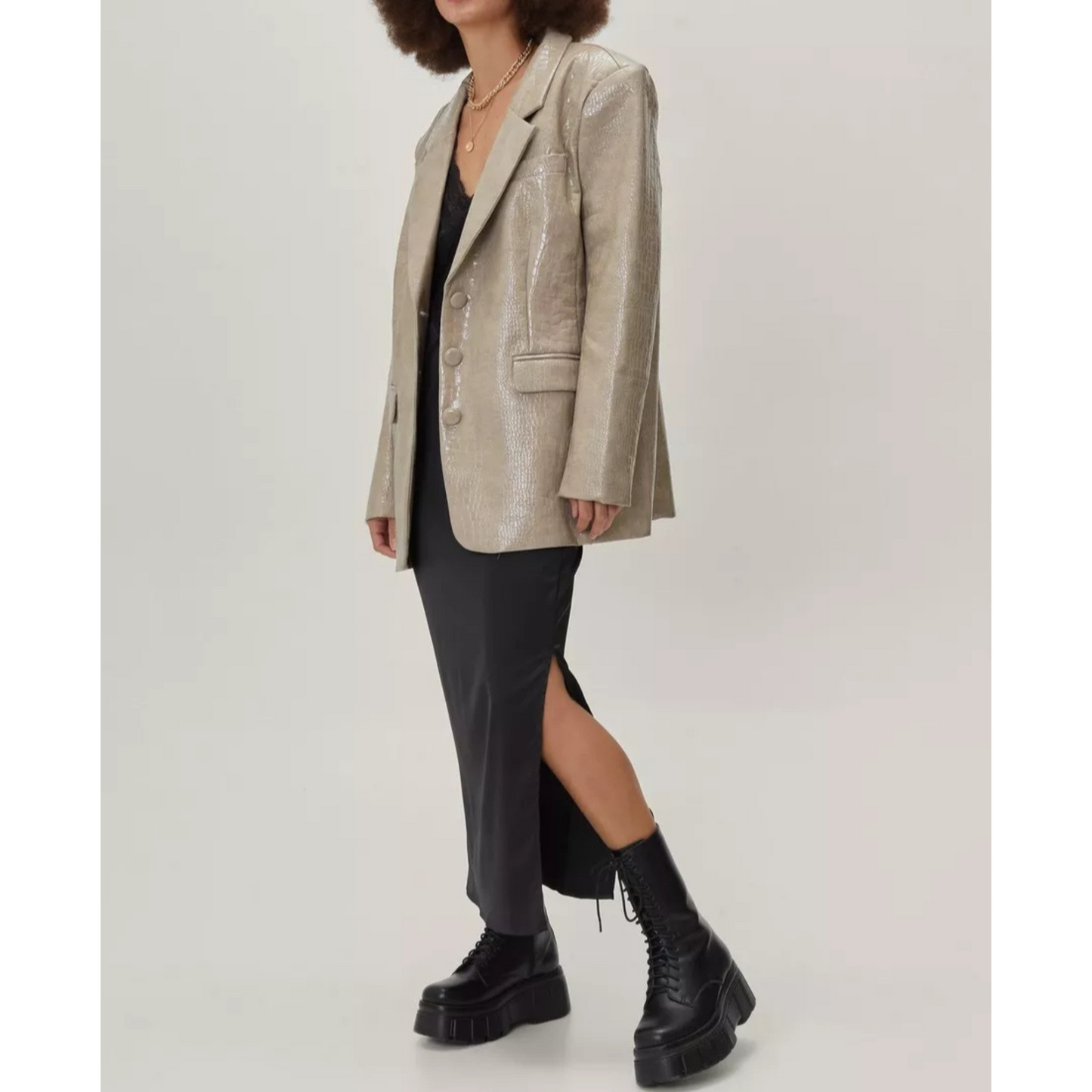 Women's Black Patent Croc Embossed Effect Vinyl Effect Genuine Leather Blazer