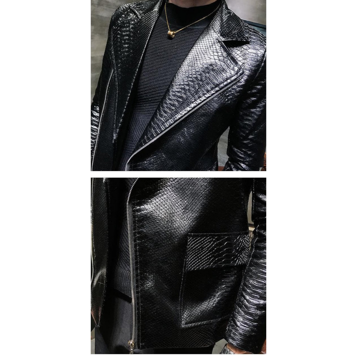 Men's Black Python Embossed Effect Motorcycle Biker Real Leather Jacket