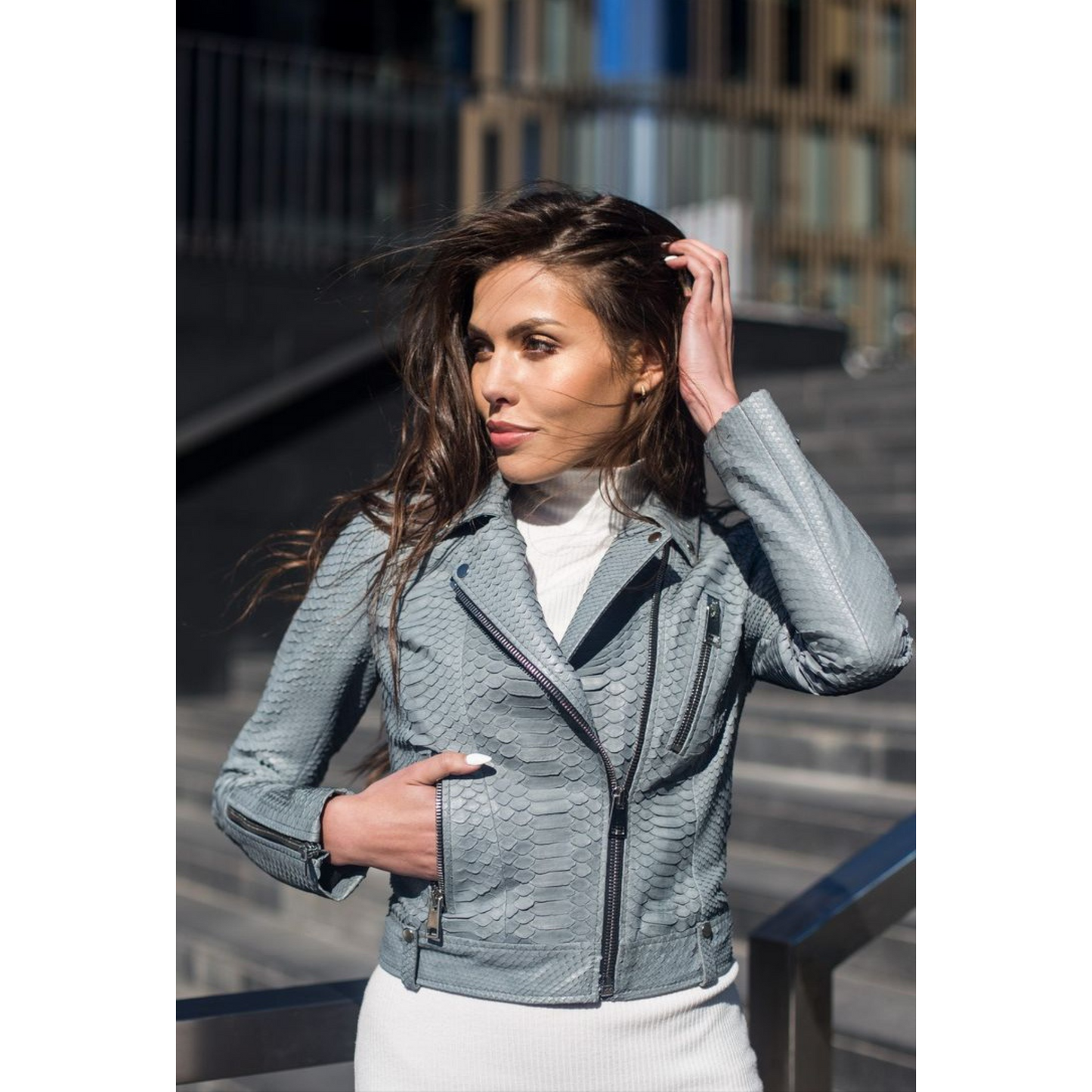 Women's Fuchsia Pink Python Embossed Effect Motorcycle Genuine Leather Jacket