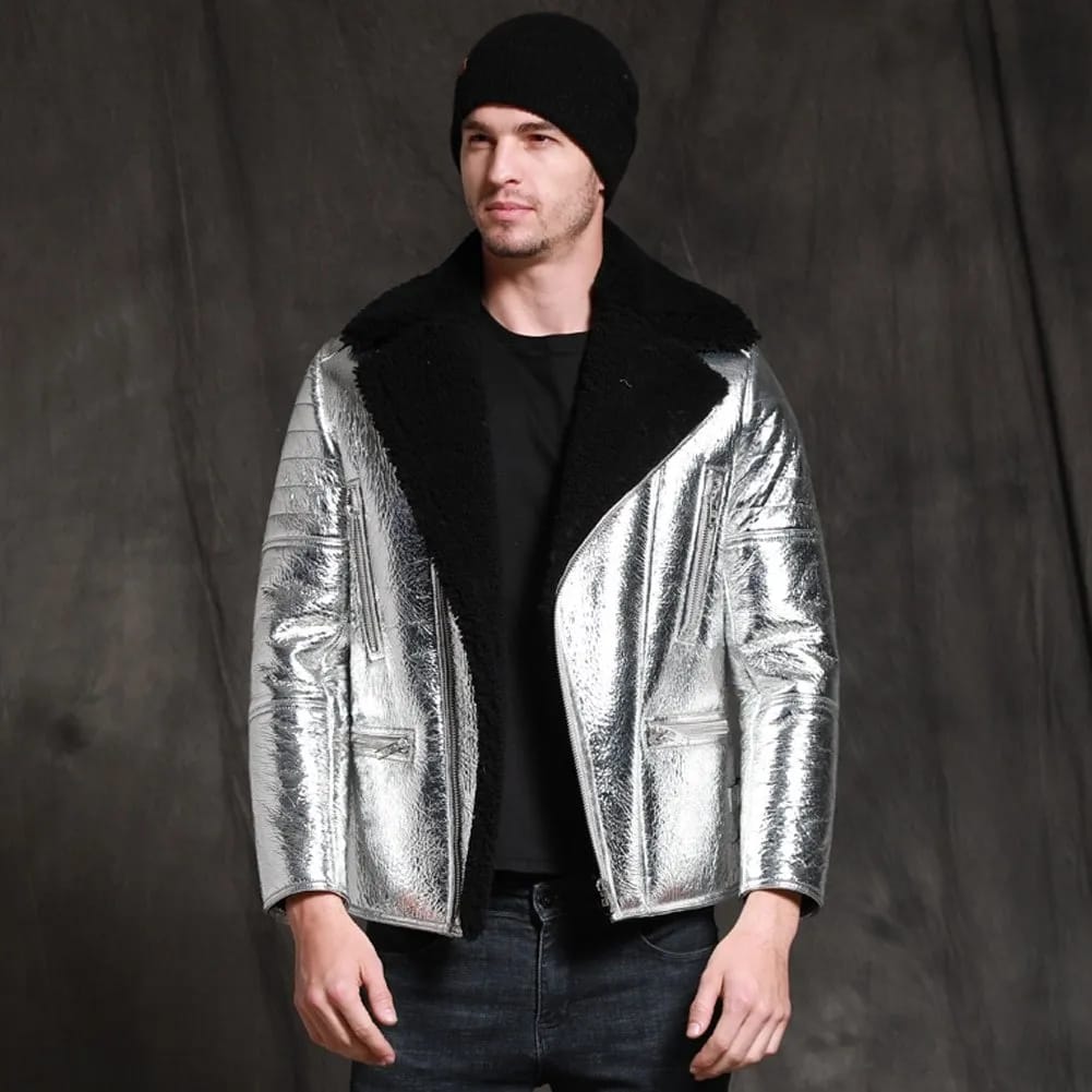 Men's Silver Metallic Foil Real Lambskin Black Furr Aviator Pilot Shearling Coat