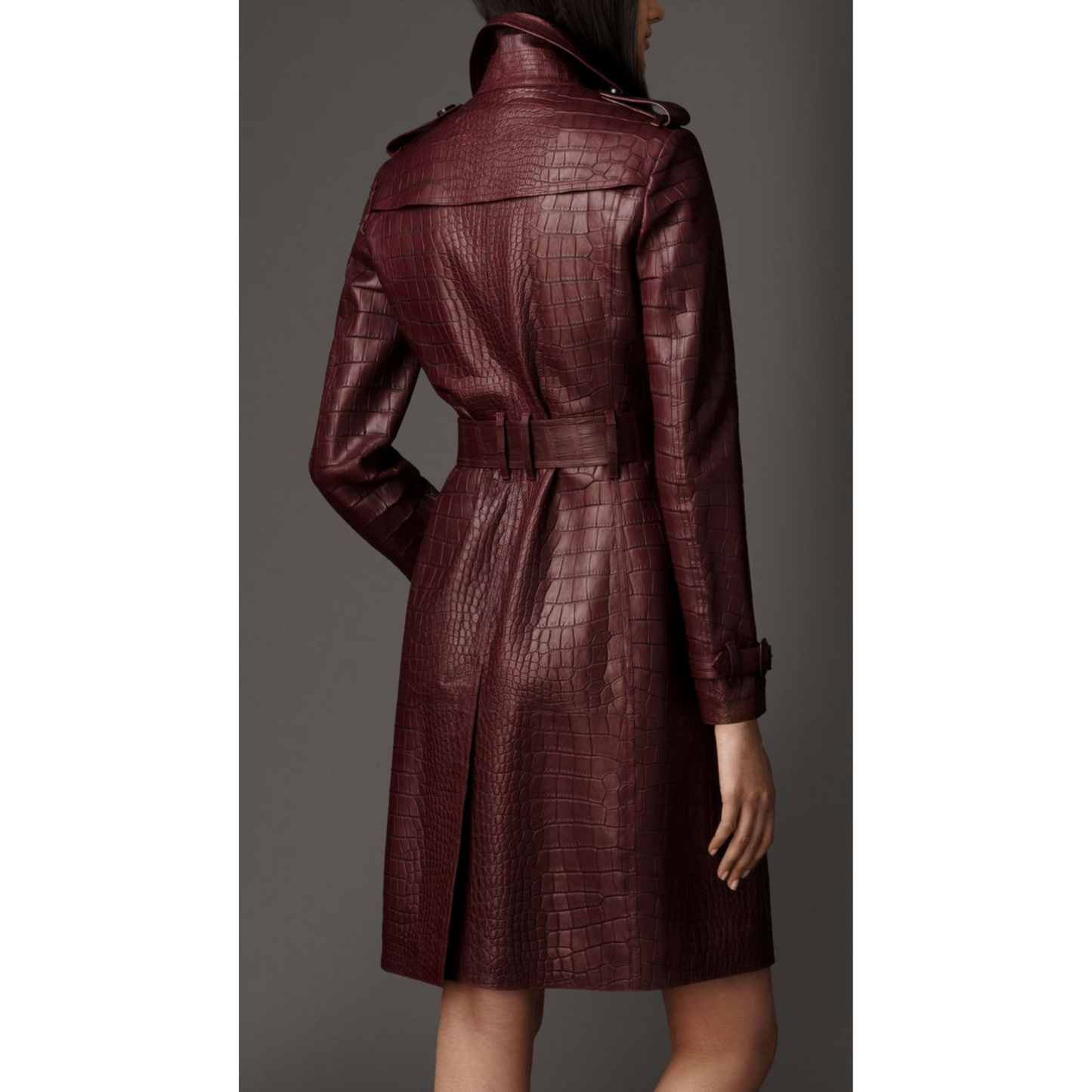 Women's Burgundy Red Croc Embossed Effect Double Breasted Leather Trench Coat