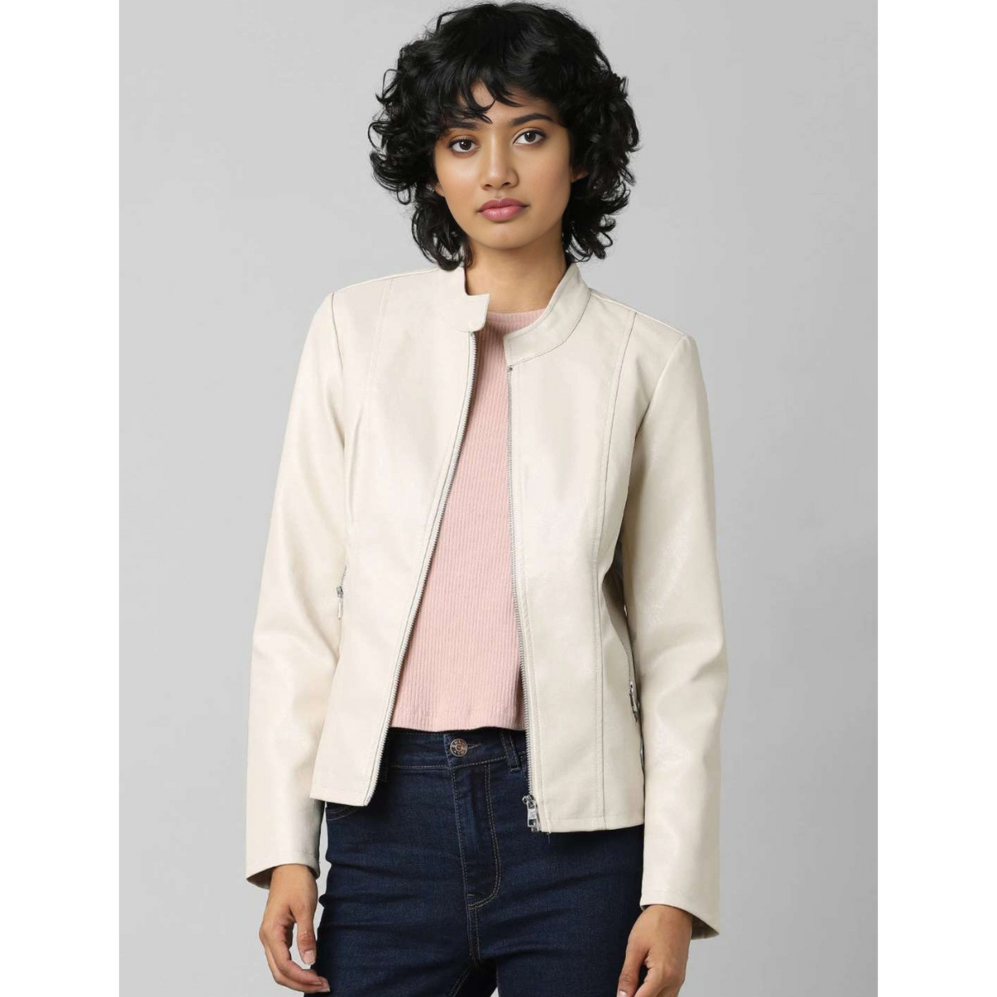 Womens Beige Off White Tailored Real Leather Jacket also available in Rose Pink
