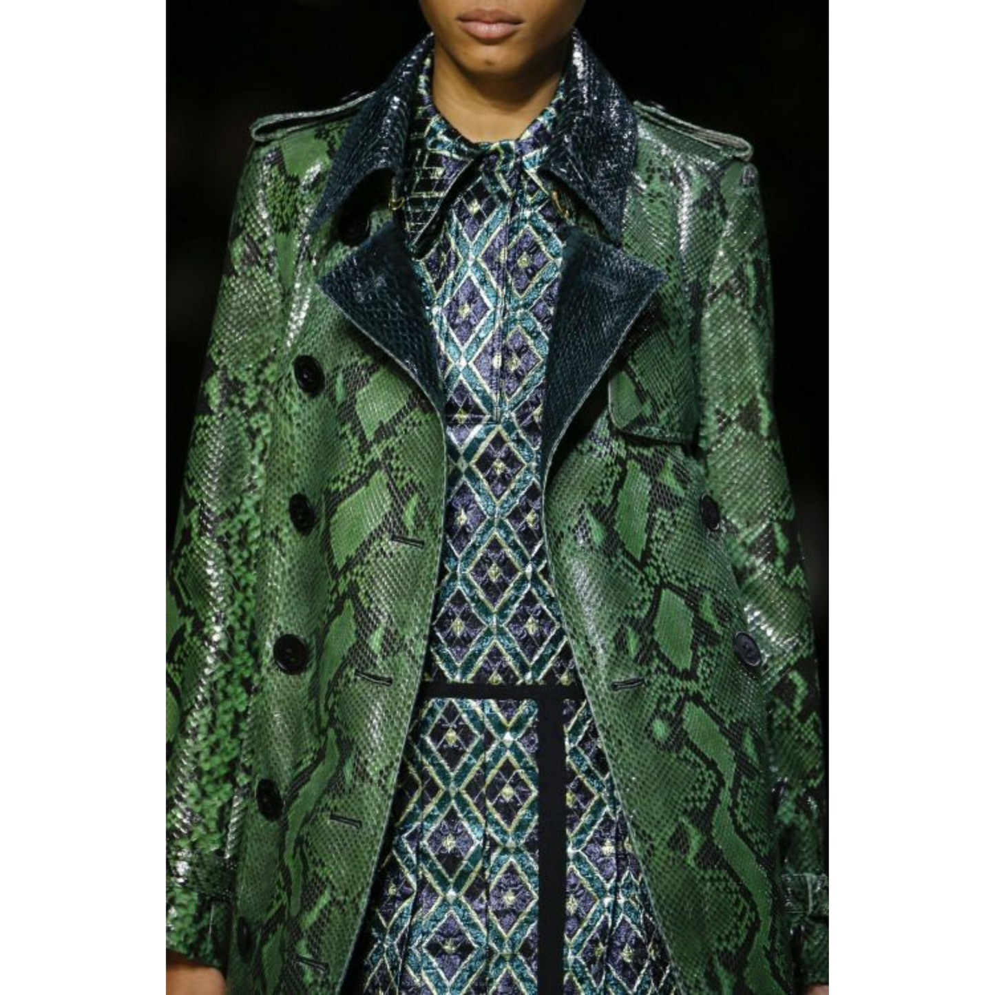 Women's Green Snake Print Effect Double Breasted Real Leather Trench Coat