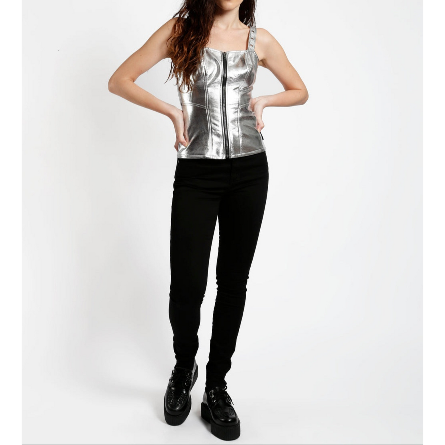 Women's Silver Metallic Foil Leather Zip Corset Top