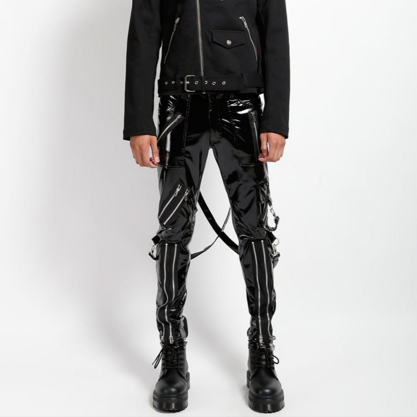 Mens Black Patent Punk Style Multi Zip Detail Genuine Leather Pant