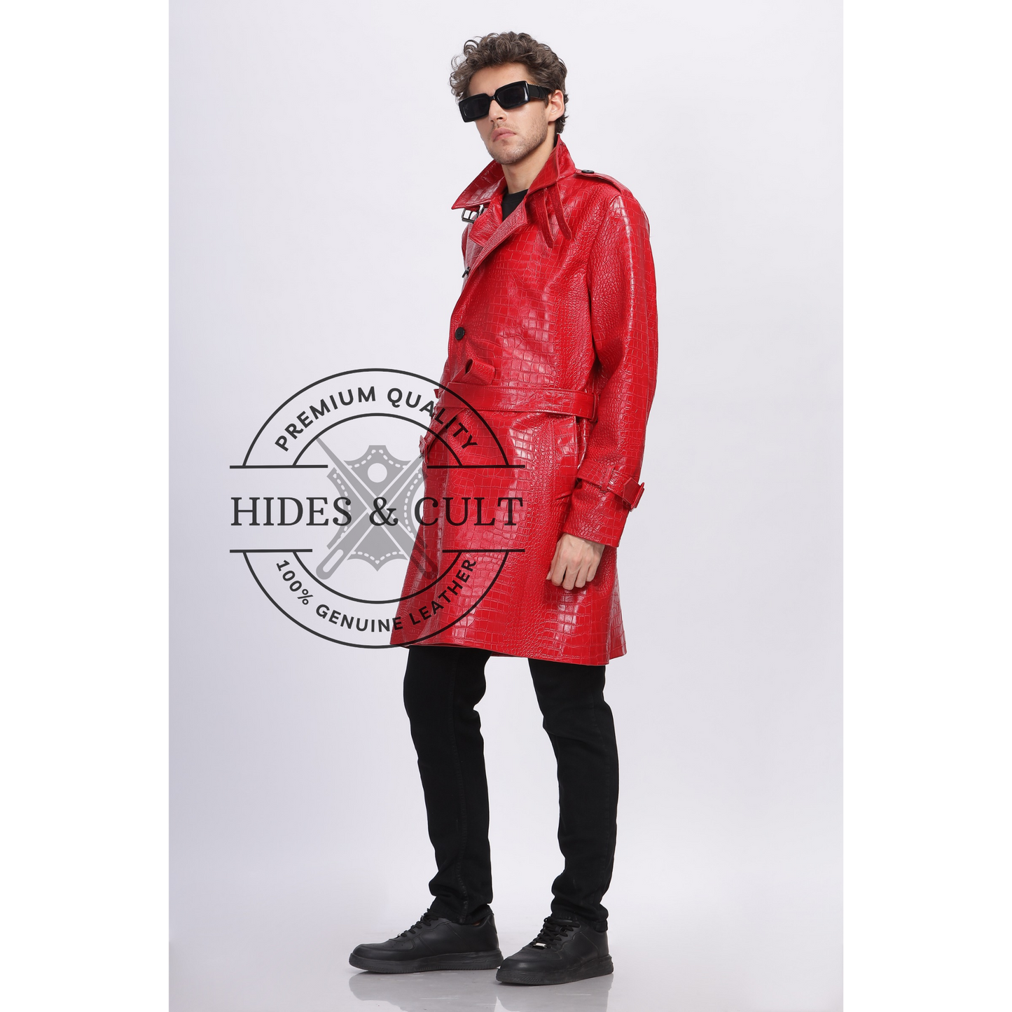 Mens Rich Red Croc Leather Trench