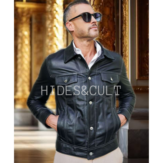 Mens Black Slim Fit Denim Trucker Leather Jacket