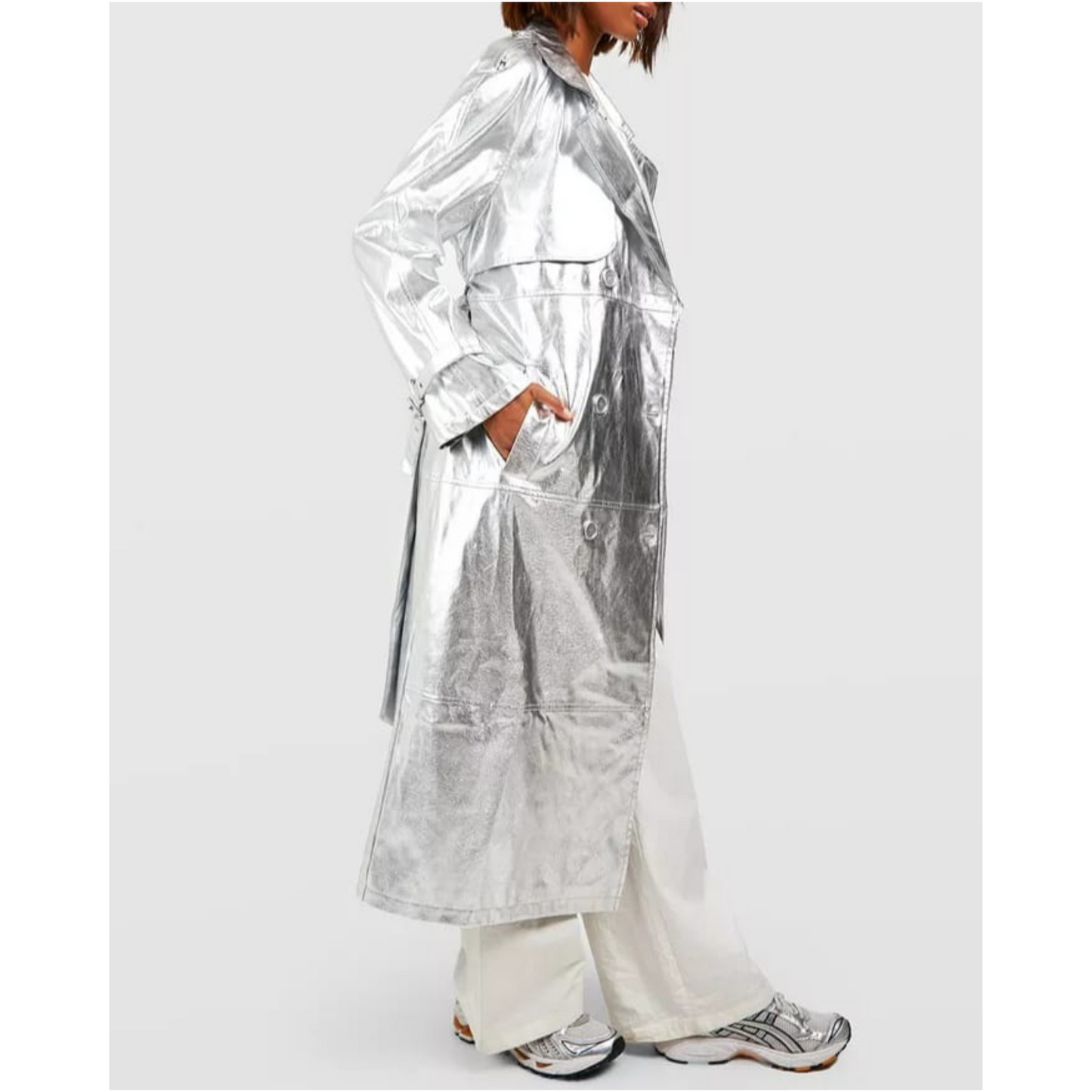 Women's Silver Metallic Foil Effect Double Breasted Real Leather Trench Coat