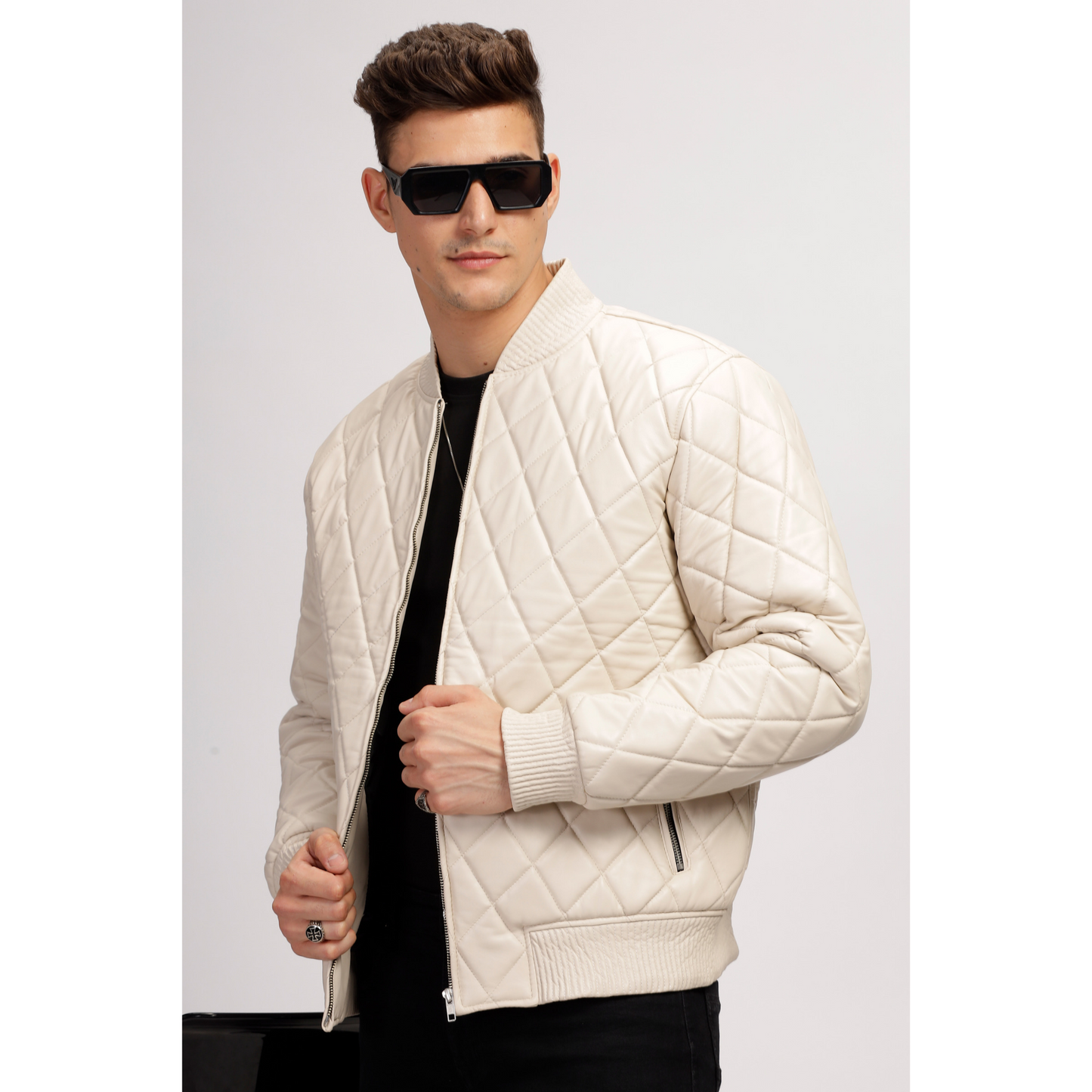 Mens Off White Diamond Quilted Bomber Leather Jacket