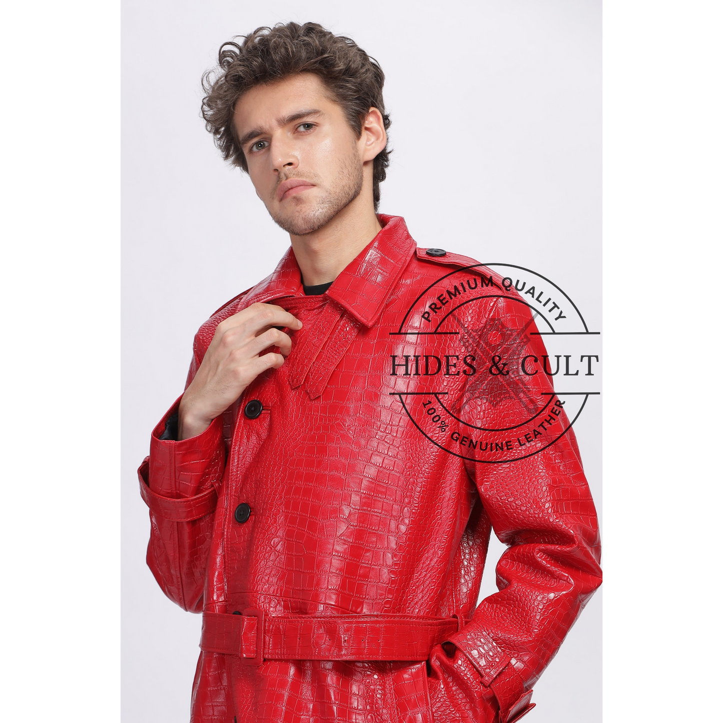 Mens Rich Red Croc Leather Trench