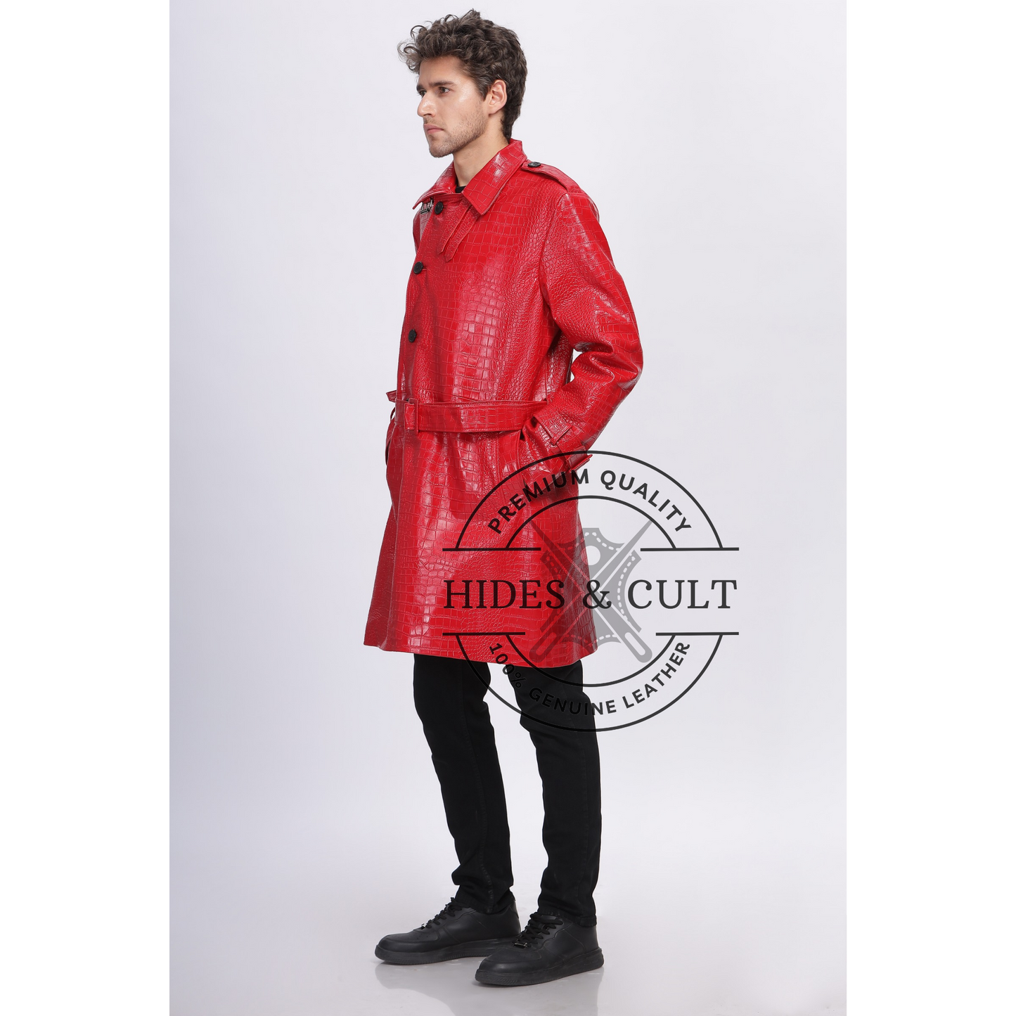 Mens Rich Red Croc Leather Trench