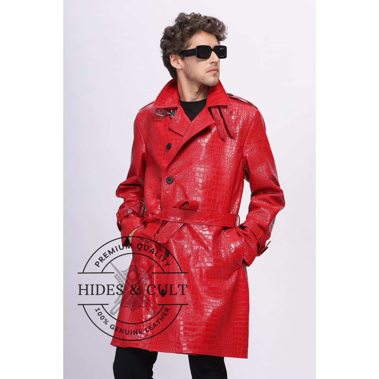 Mens Rich Red Croc Leather Trench