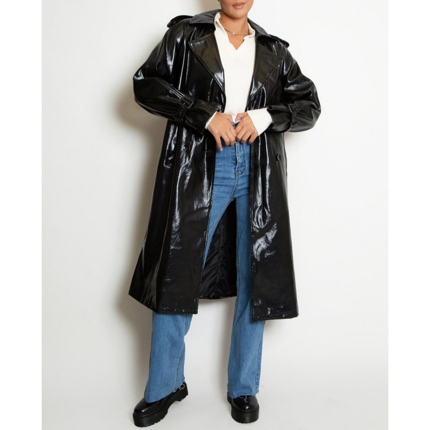 Women's Patent Vinyl Effect Double Breasted Real Leather Trench Coat