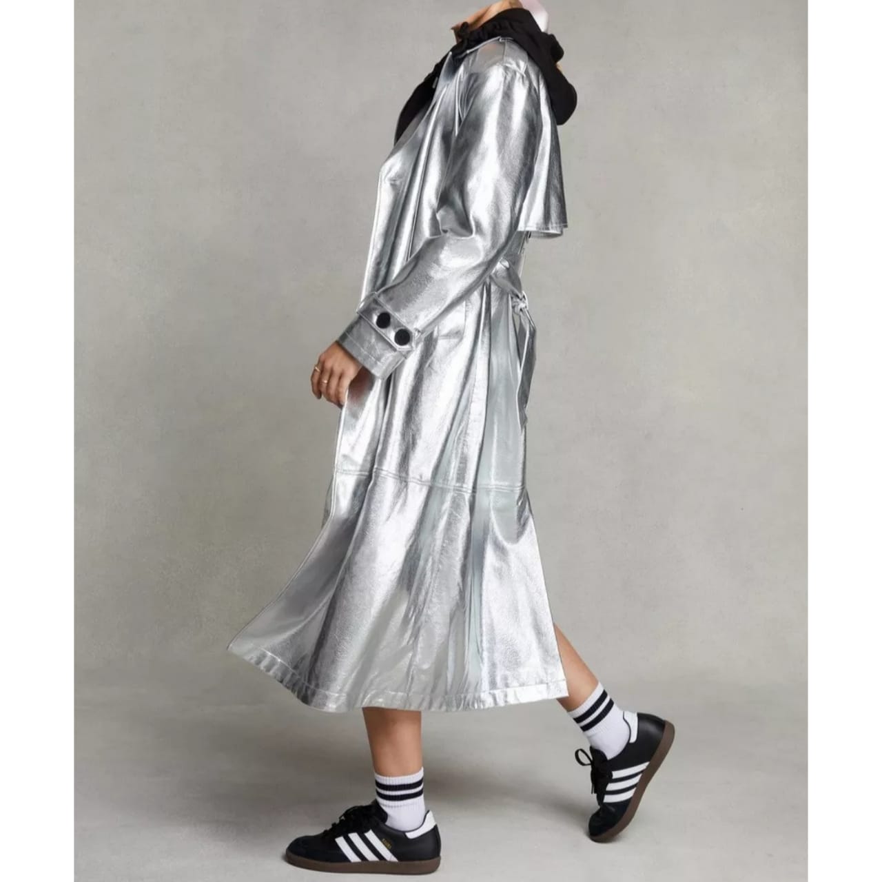 Women's Silver Metallic Foil Double Breasted Leather Trench Coat