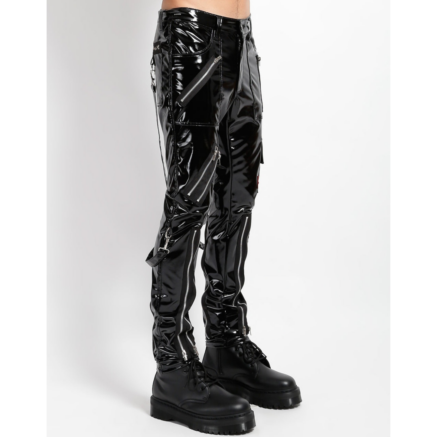 Mens Black Patent Punk Style Multi Zip Detail Genuine Leather Pant
