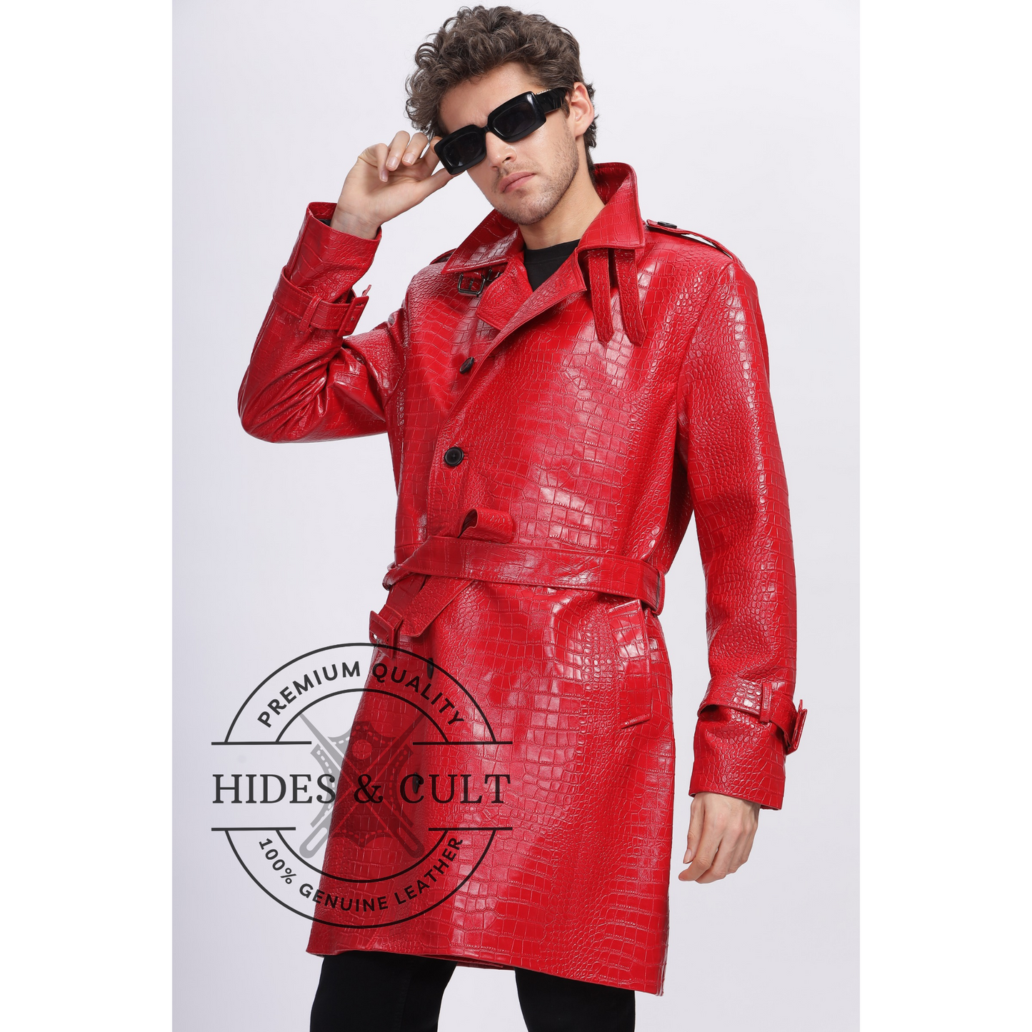 Mens Rich Red Croc Leather Trench
