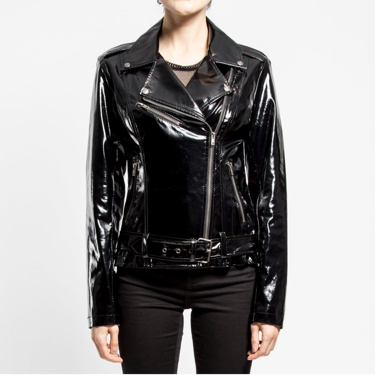 Women's Black Patent Motorcycle Biker Belted Genuine Leather Jacket