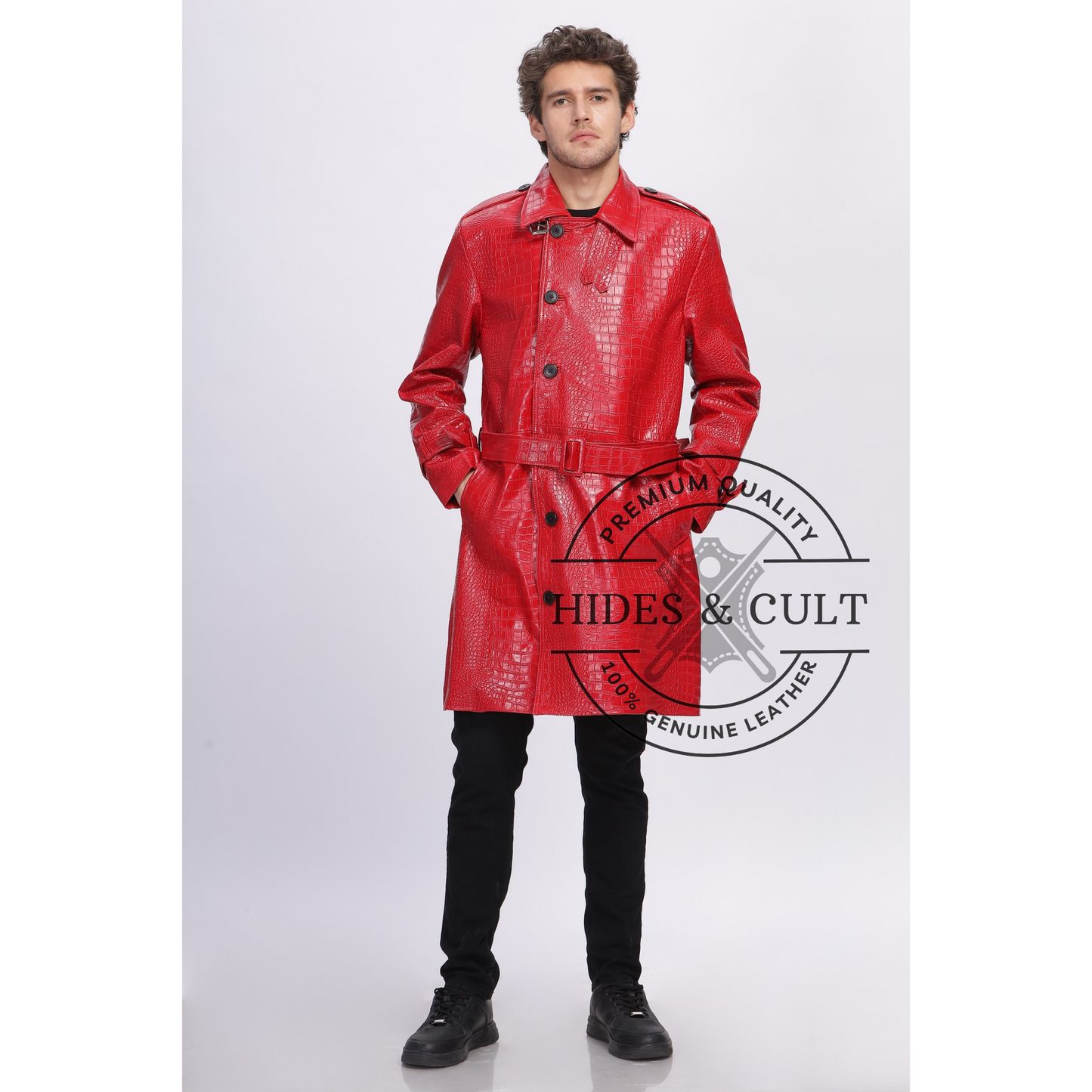 Mens Rich Red Croc Leather Trench