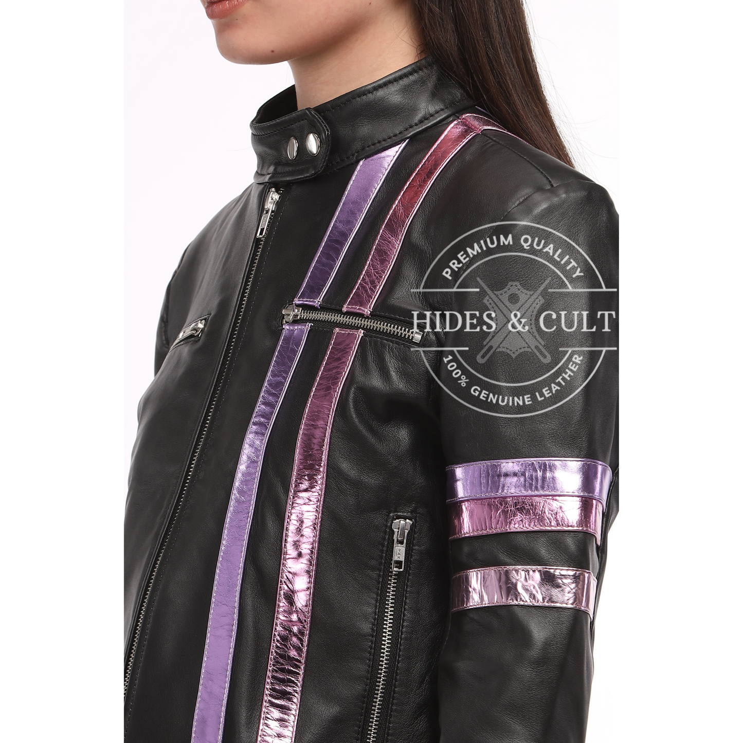 Womens Black Racer Leather Jacket with Metallic Foil Stripes