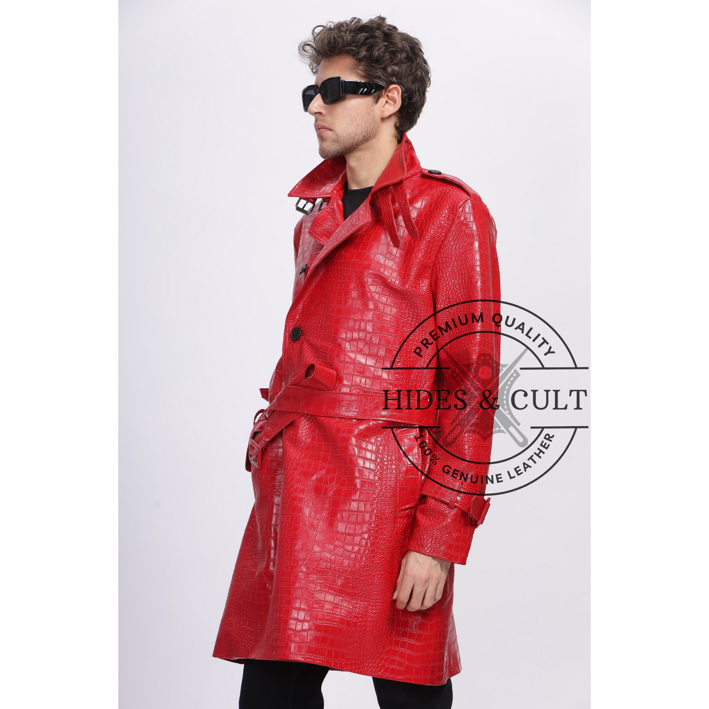 Mens Rich Red Croc Leather Trench