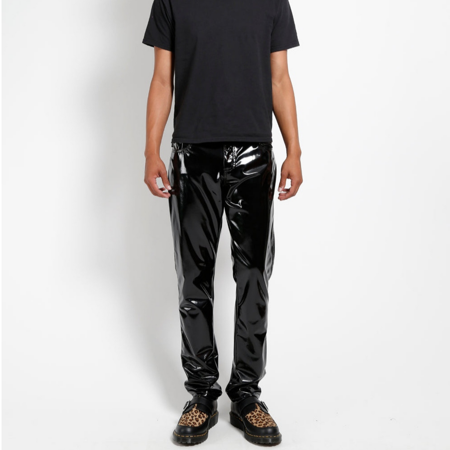Mens Black Patent Genuine Leather Pant Trouser