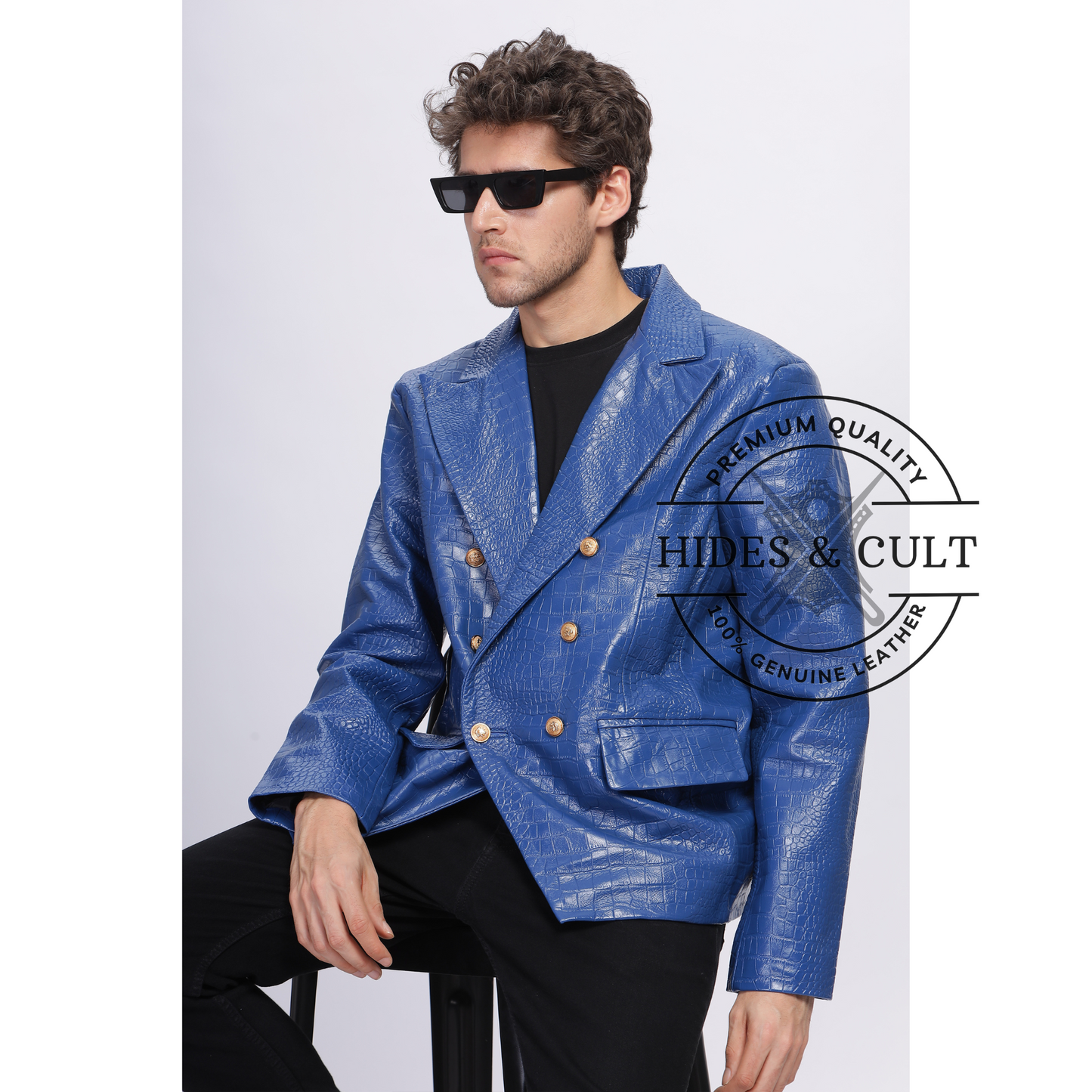 Mens Electric Blue Double Breasted Croc Leather Blazer