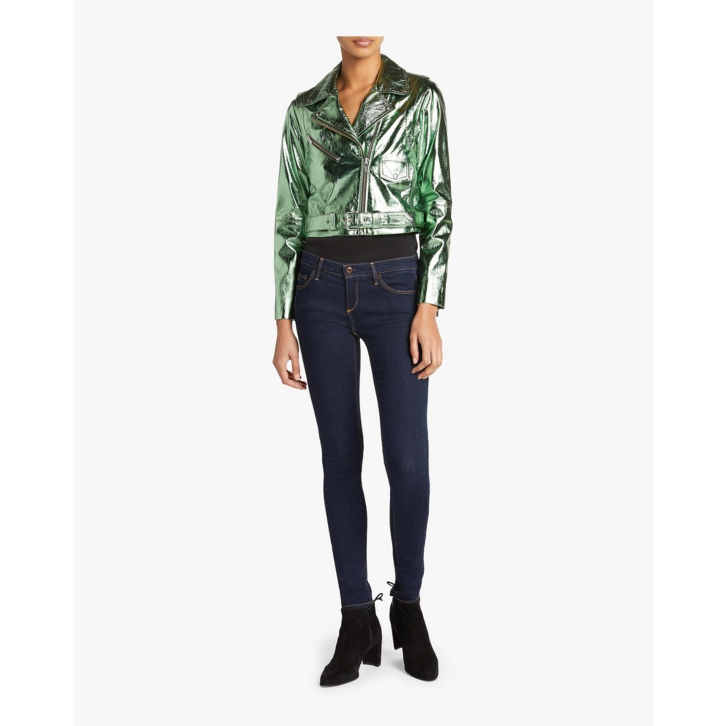 Women's Green Metallic Foil Cropped Motorcycle Biker Leather Jacket