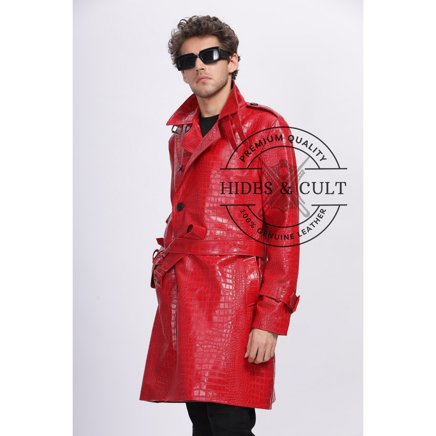 Mens Rich Red Croc Leather Trench