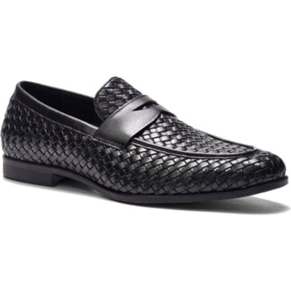 Black Woven Party-wear Leather SlipOns | Hides&Cult