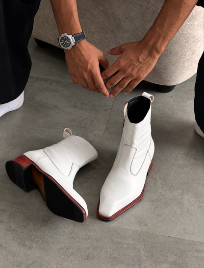 Handmade White Wooden Heal High Ankle Side Zip Genuine Leather Cuban Heel Boots Men | Hides&Cult