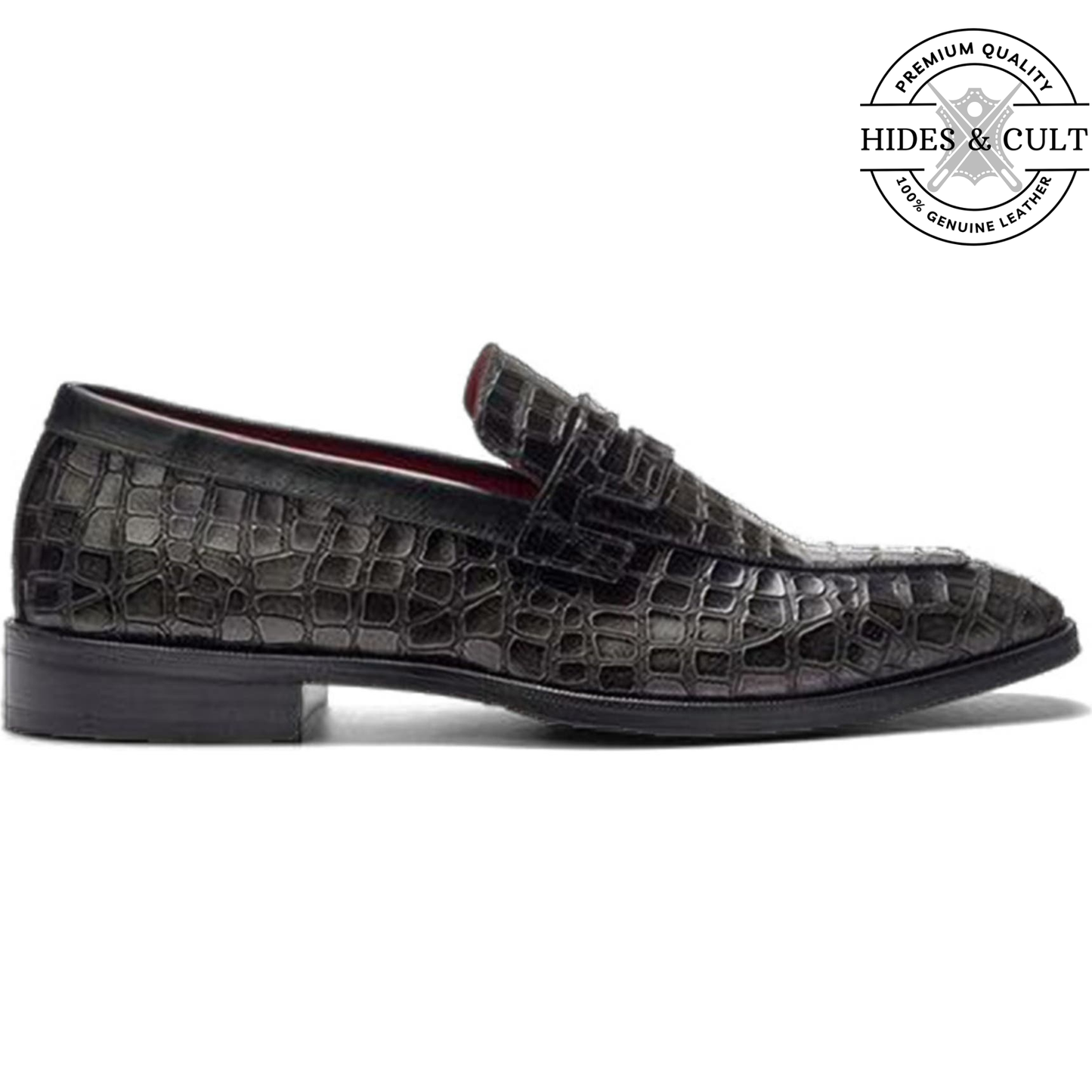 Grey Tone Croc Leather Moccasin Loafers | Hides&Cult