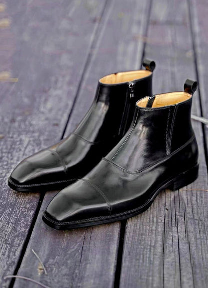 Black Toe Cut Side Zip Ankle Leather Boots | Hides&Cult