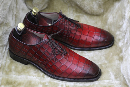Croco Textured Lace Up Shoes - Dark Red | Hides&Cult