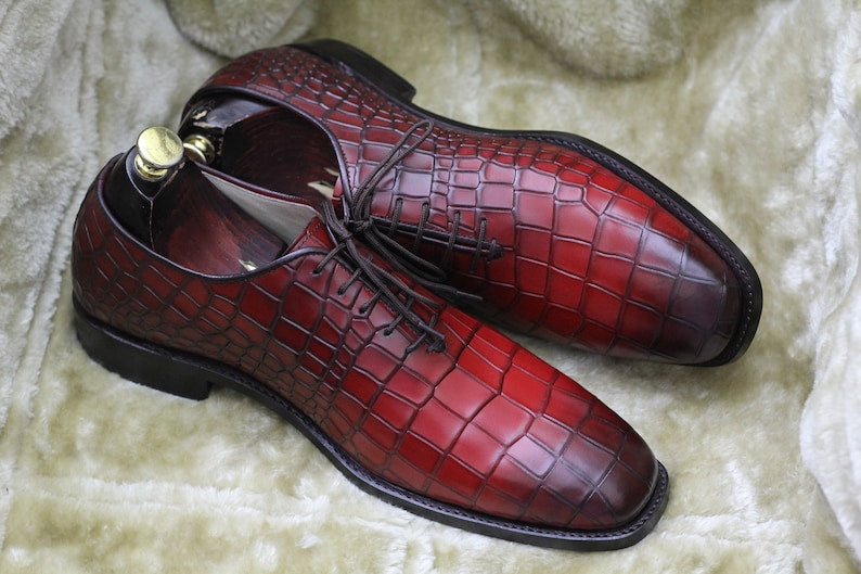 Croco Textured Lace Up Shoes - Dark Red | Hides&Cult