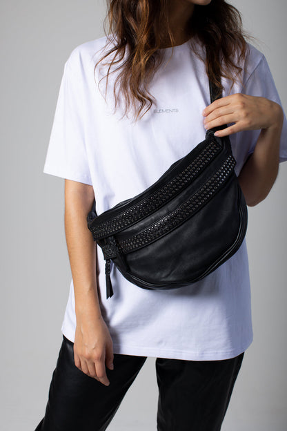 Black Studded Buttery Soft Leather Sling Bum Bag