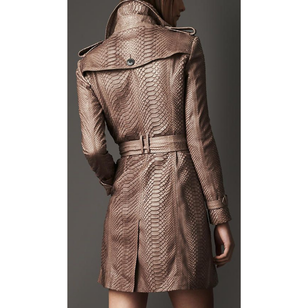 Women's Taupe Python Embossed Effect Double Breasted Real Leather Trench Coat