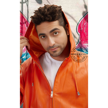 Men's Orange Genuine Leather Hooded Pullover Jacket