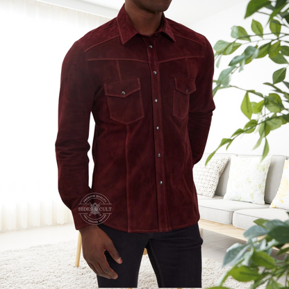 Mens Rich Dark Burgundy Suede Genuine Soft Lamb Leather Shirt