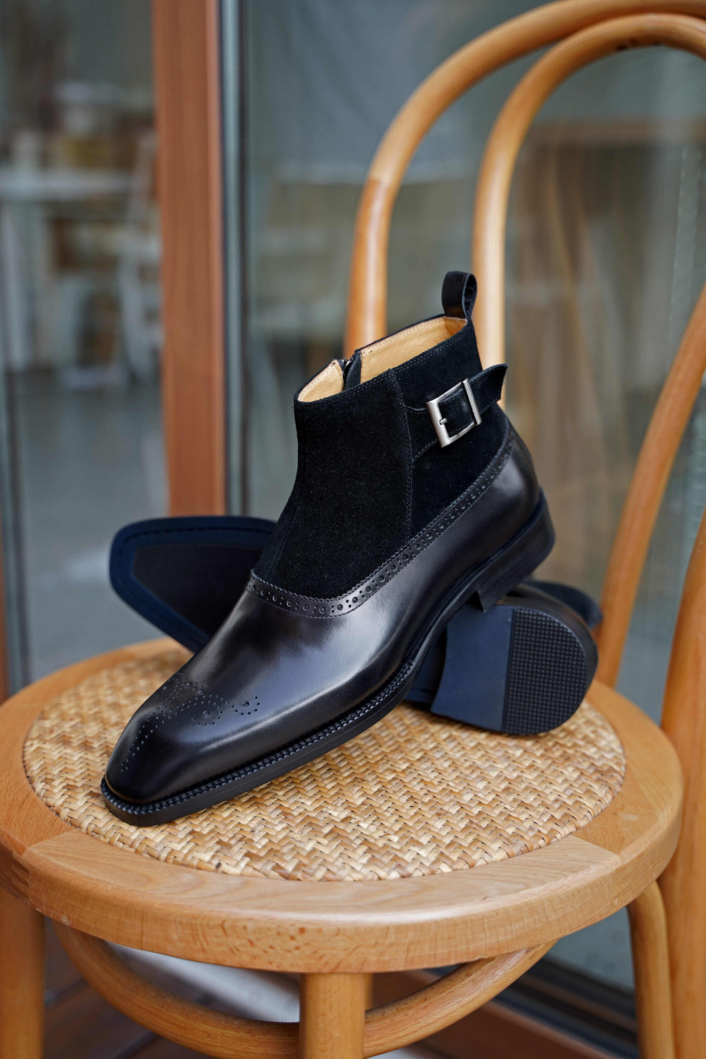 Black Leather - Suede Monk Strap Ankle Leather Boots