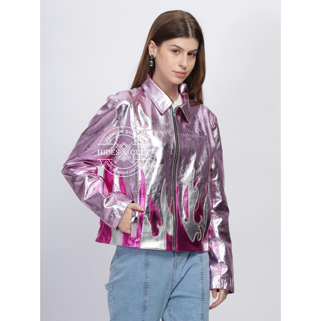 Womens Pink Metallic Foil Fire Effect Genuine Leather Jacket