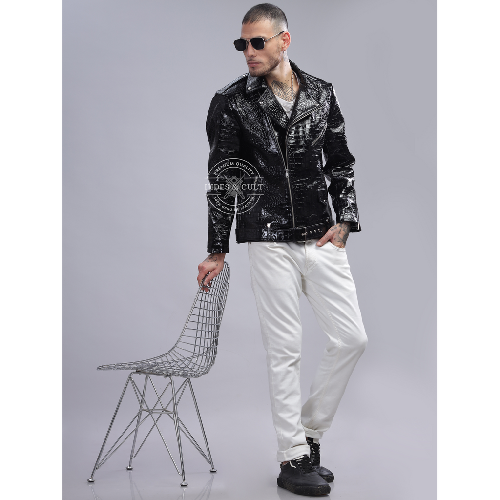 Mens Black Patent Croc Effect Motorcycle Biker Genuine Leather Jacket