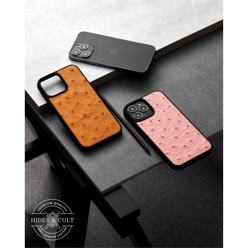 Luxury Pink Ostrich Print Shockproof Genuine Leather Iphone Case