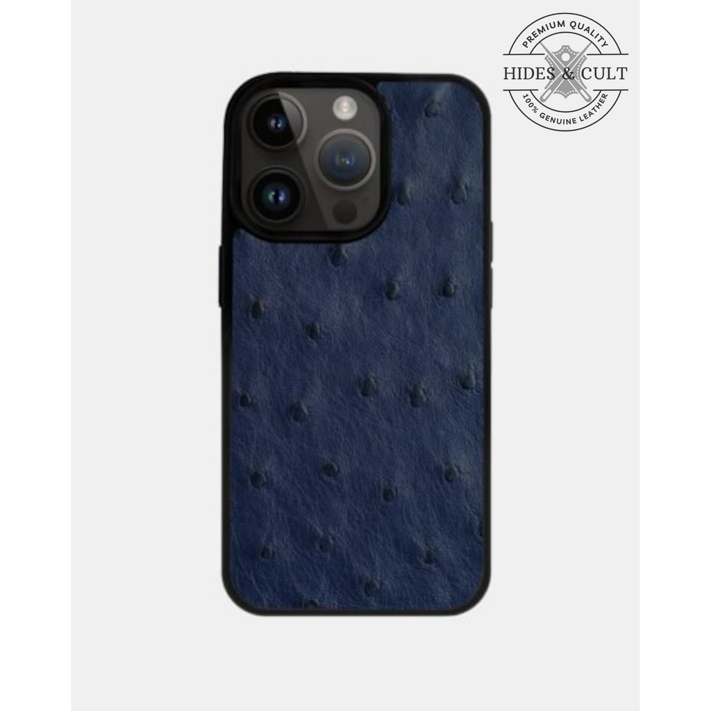 Luxury Blue Ostrich Print Shockproof Genuine Leather Iphone Case
